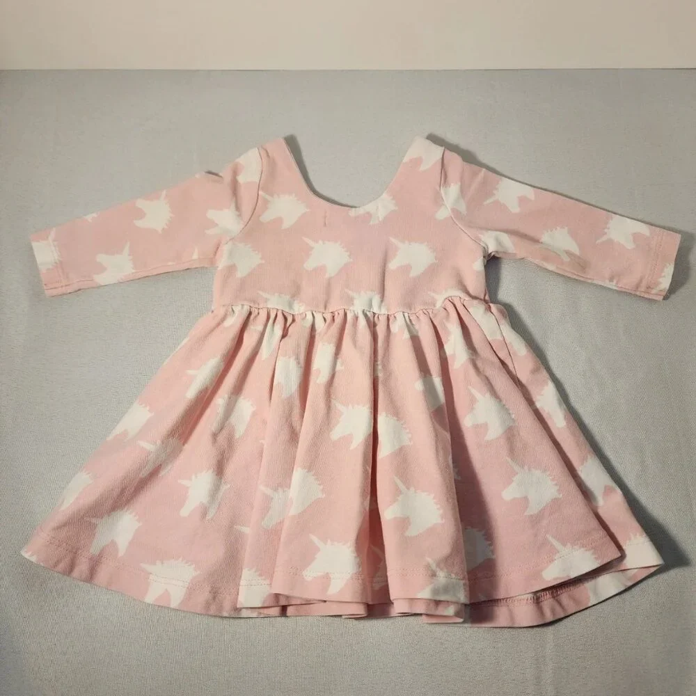 Monica + Andy Girls Pink/White Unicorn Dress with Long Sleeves Size 0-6 Months - Picture 2 of 5